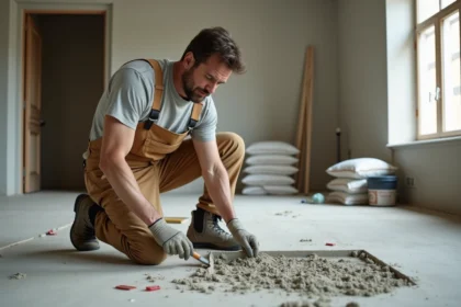 Ouvrier en tenue de travail appliquant du mortier dans un appartement en rénovation