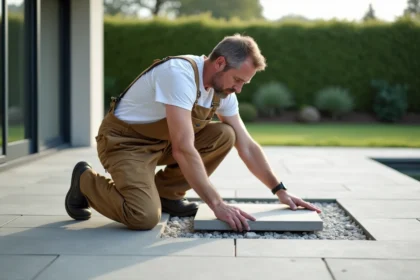 Ouvrier en overalls posant une dalle de béton sur une terrasse moderne