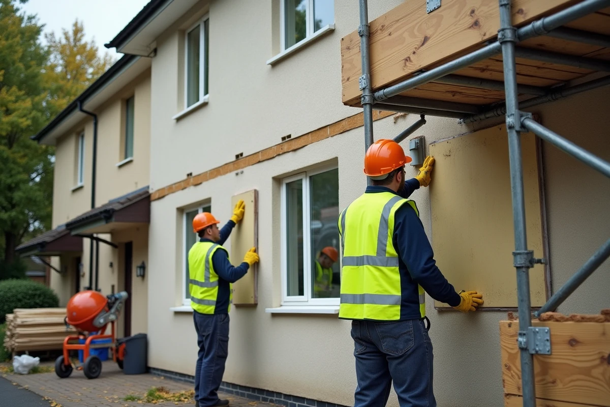 Deux ouvriers posant des panneaux isolants rigides sur la façade extérieure d'une maison lors d'une rénovation thermique globale