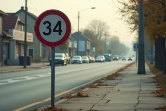 Panneau de signalisation verticale B34 implanté en bord de route suburbaine avec indication de distance réglementaire