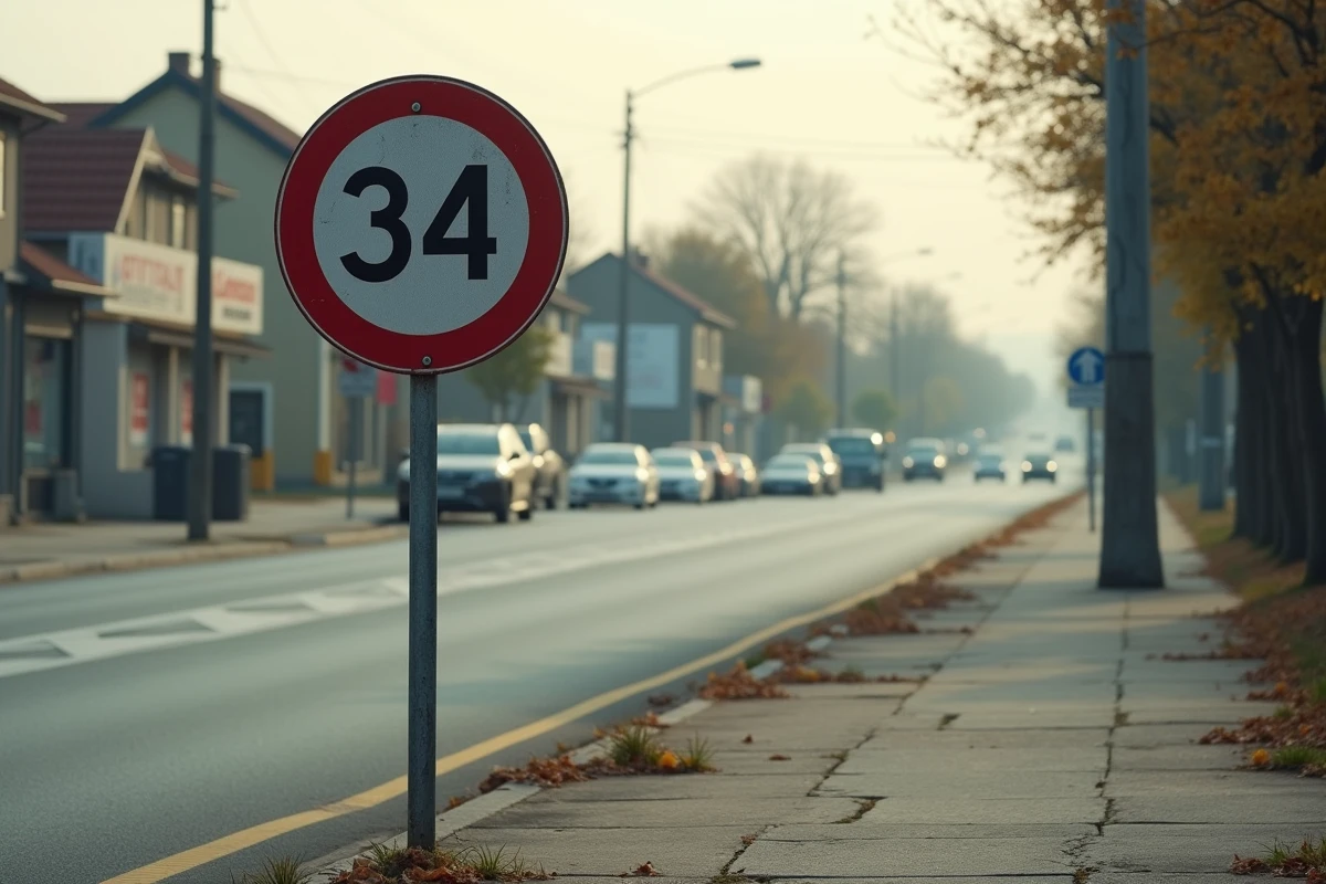 Panneau de signalisation verticale B34 implanté en bord de route suburbaine avec indication de distance réglementaire