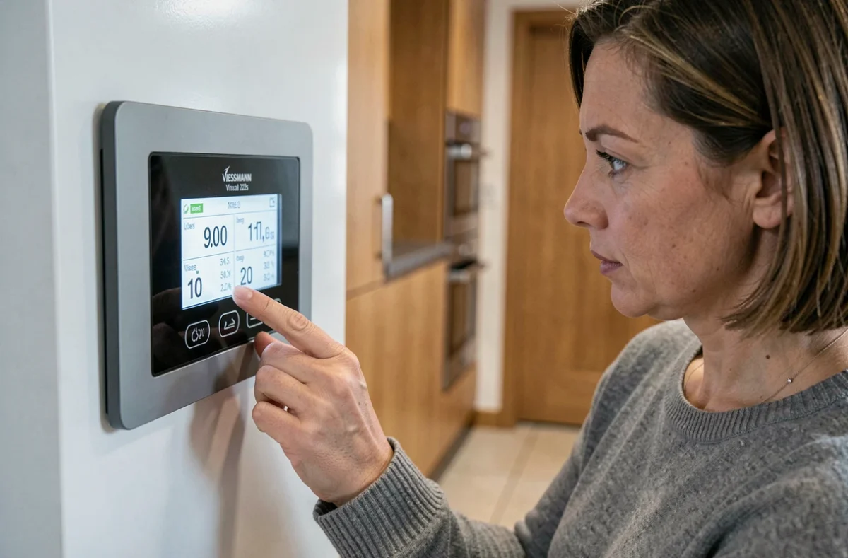Utilisatrice réglant le panneau de commande numérique d'une pompe à chaleur Viessmann Vitocal 222s