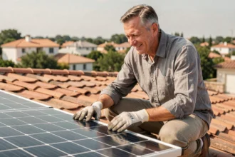 Propriétaire inspectant un panneau solaire installé sur un toit en tuiles avec batterie 220V pour son foyer