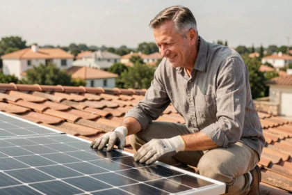 Propriétaire inspectant un panneau solaire installé sur un toit en tuiles avec batterie 220V pour son foyer