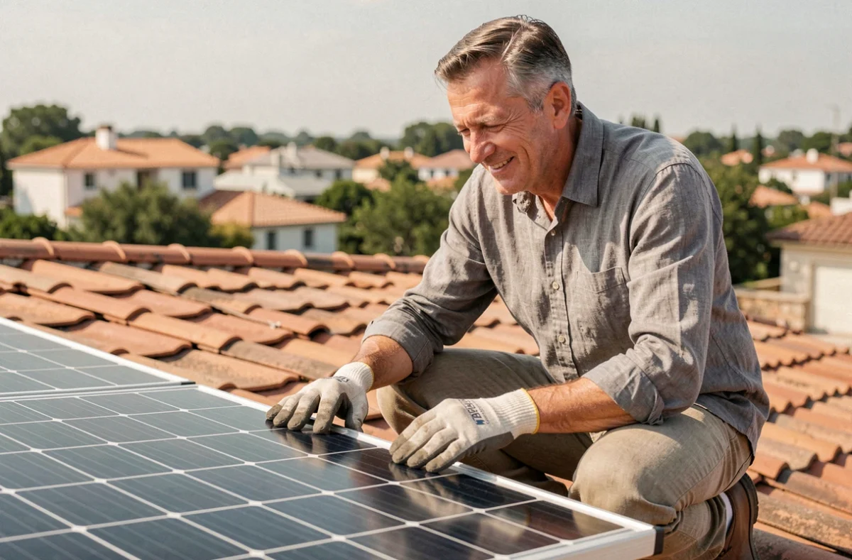 Propriétaire inspectant un panneau solaire installé sur un toit en tuiles avec batterie 220V pour son foyer
