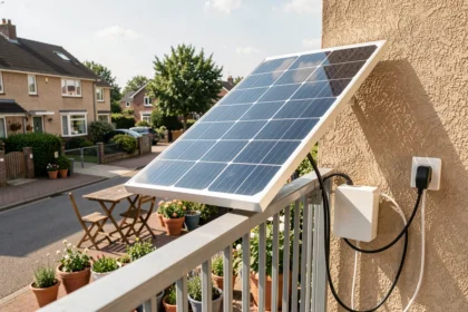 Panneau solaire plug and play Sunology installé sur un balcon résidentiel ensoleillé avec micro-onduleur et câble secteur