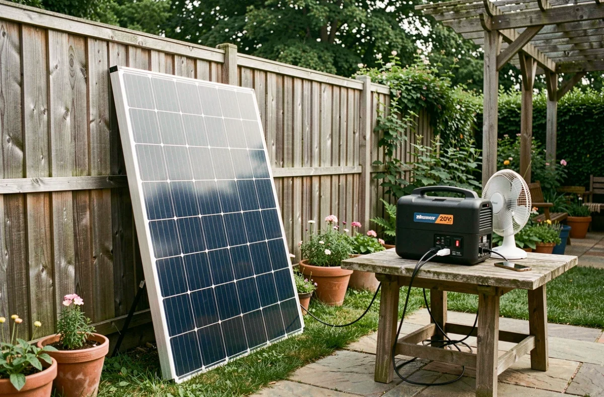 Panneau solaire portable connecté à une station d'alimentation 220V dans un jardin avec appareils branchés en extérieur