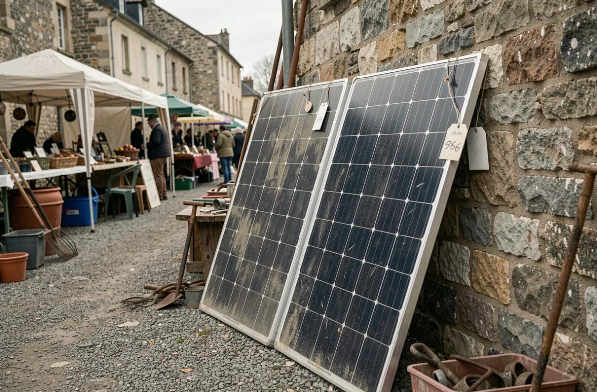 Panneaux solaires d'occasion à vendre appuyés contre un mur de pierre dans un marché de récupération