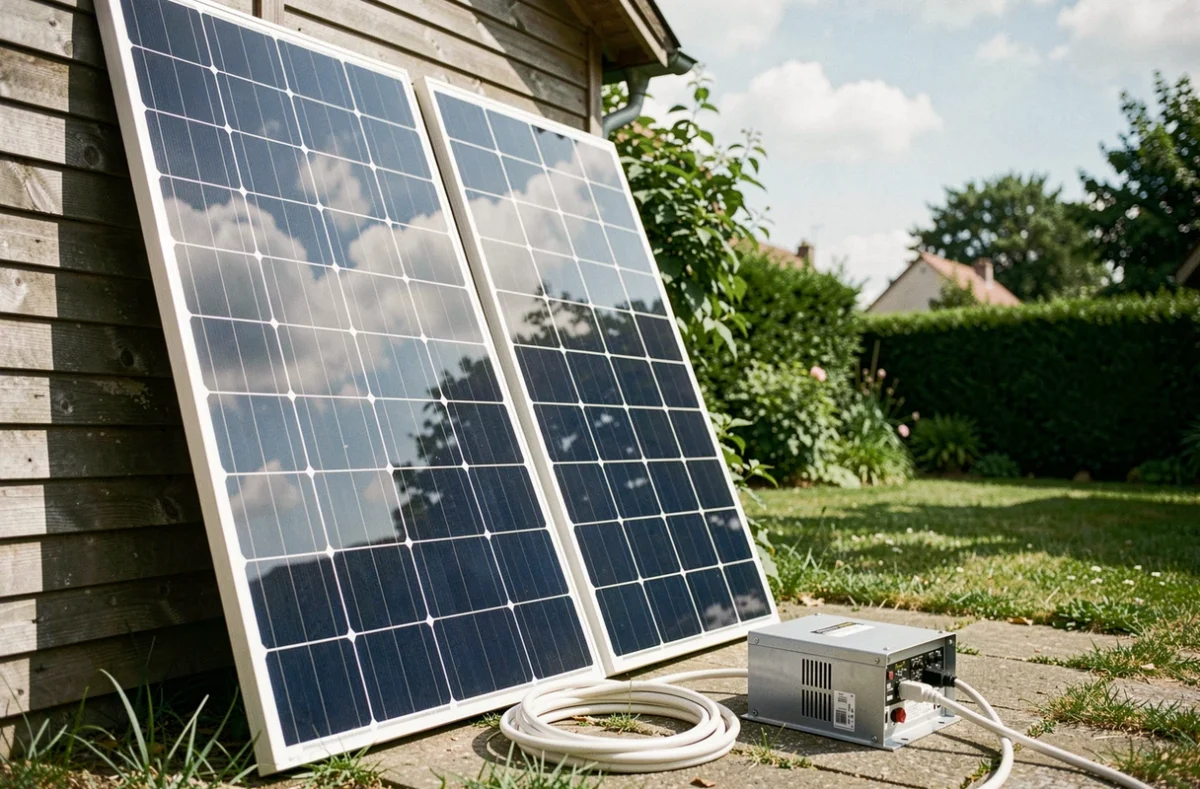Deux panneaux solaires monocristallins plug and play appuyés contre un abri de jardin avec micro-onduleur et câble