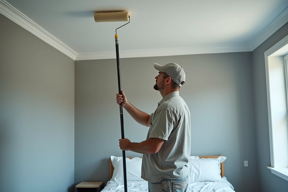 Peintre appliquant une peinture satinée au rouleau sur un plafond de chambre à coucher lors de travaux de rénovation