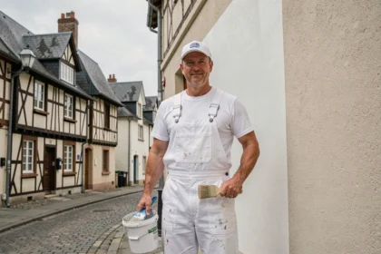 Peintre en bâtiment professionnel devant une façade rénovée dans une rue normande typique de Seine-Maritime