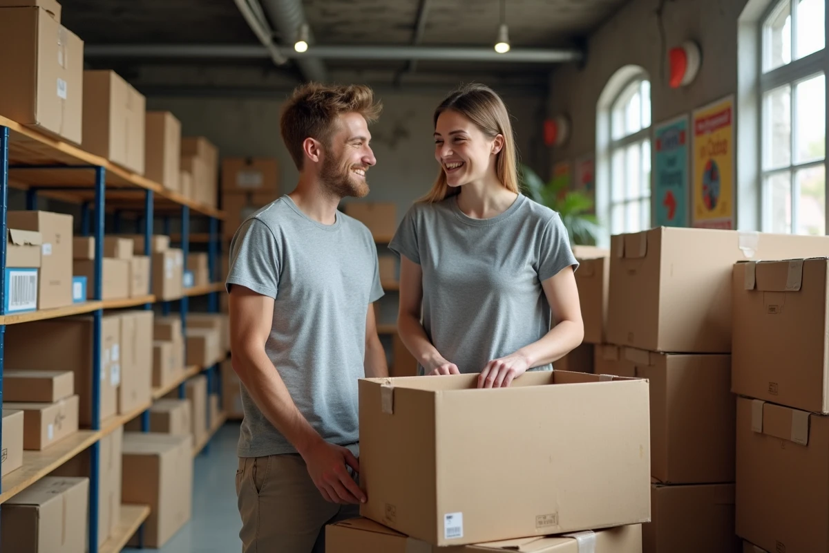 Deux personnes triant des cartons gratuits dans un espace communautaire de réemploi et d'échange solidaire