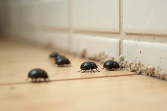 Gros plan de petits insectes noirs ronds sur un plancher de cuisine en bois clair près d'une plinthe