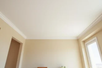 Plafond peint en finition mate blanche dans un salon moderne minimaliste, texture veloutée sans reflets