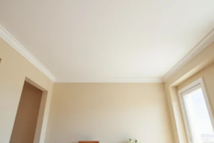 Plafond peint en finition mate blanche dans un salon moderne minimaliste, texture veloutée sans reflets