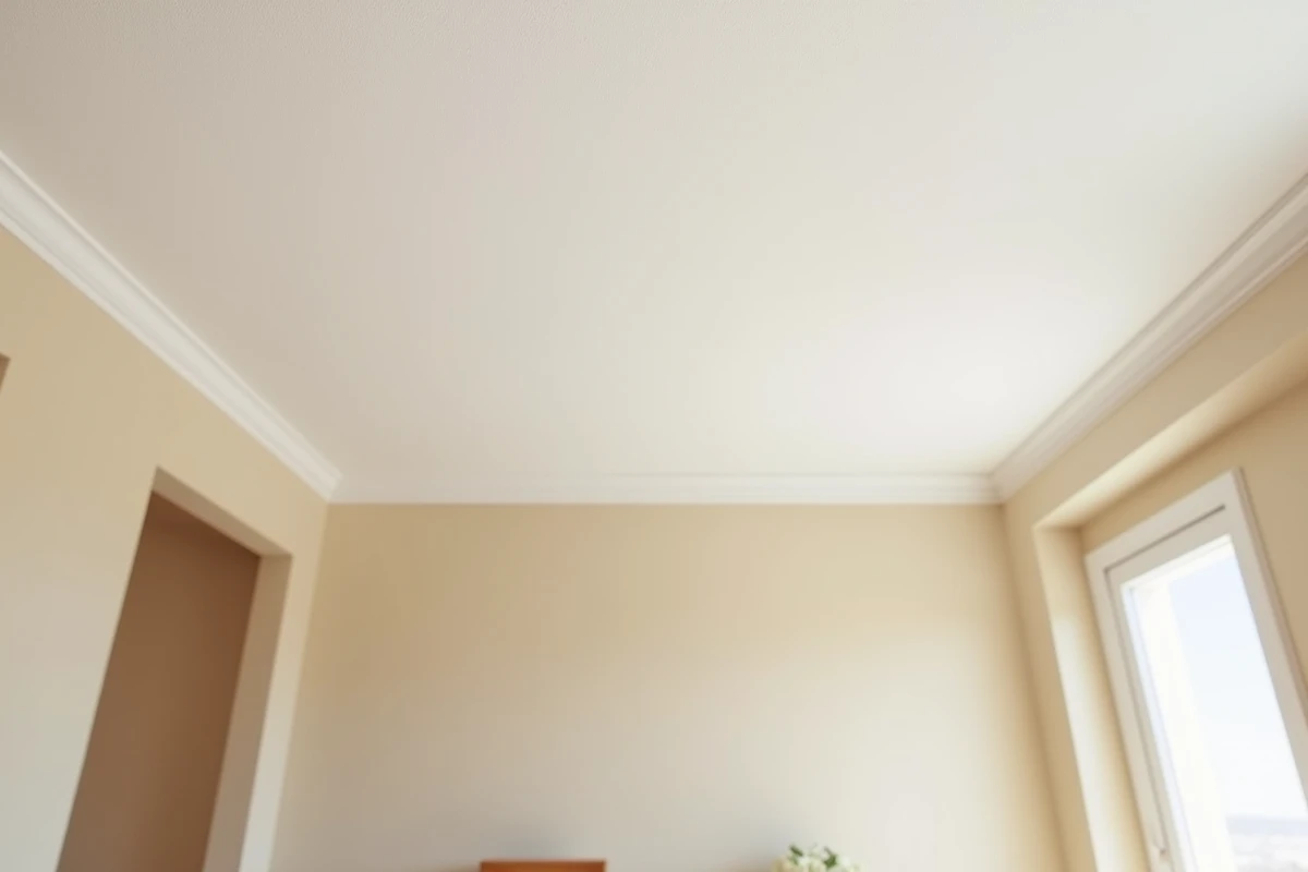 Plafond peint en finition mate blanche dans un salon moderne minimaliste, texture veloutée sans reflets