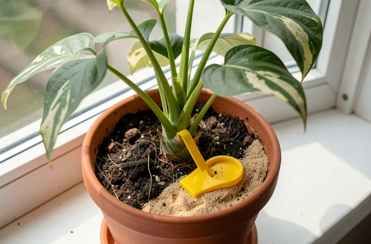 Plante d'intérieur avec un piège jaune collant planté dans le terreau recouvert de sable