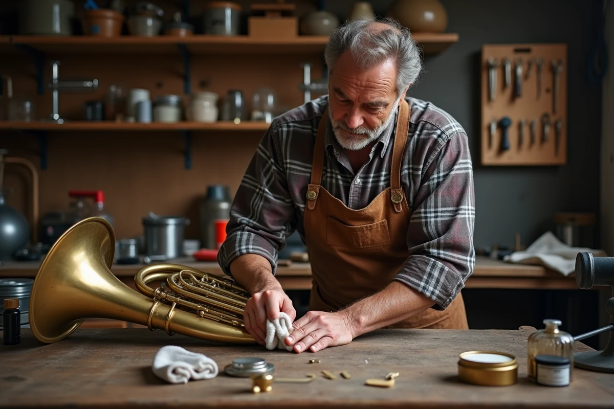 Artisan polissant le pavillon en laiton d'un cor d'harmonie vintage avec un chiffon doux dans un atelier de lutherie