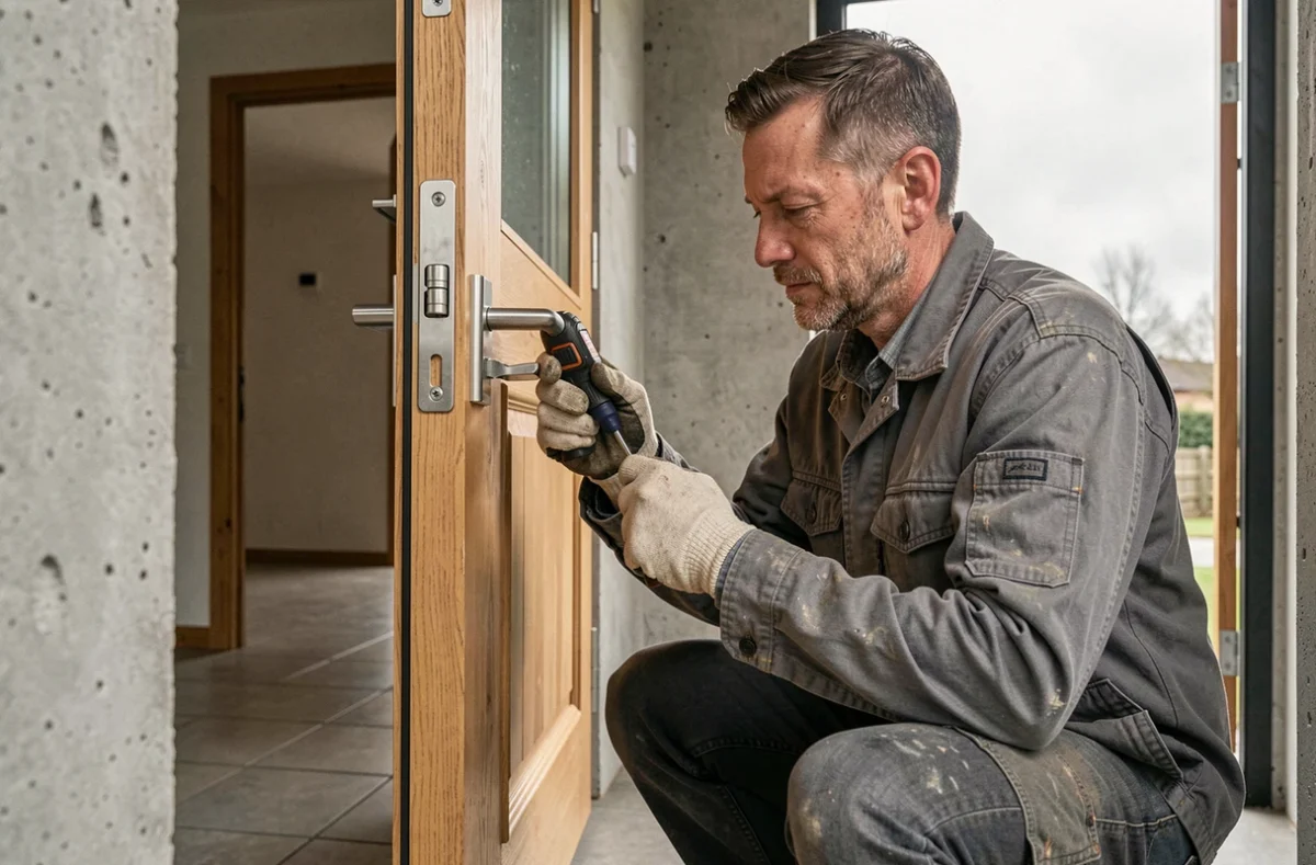 Artisan posant un gond de porte en inox sur un encadrement de porte en chêne d'une maison résidentielle