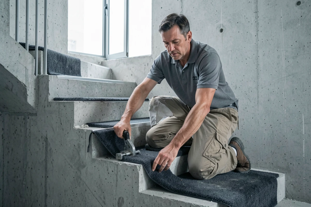Installateur professionnel posant une marche de moquette sur un escalier en béton brut