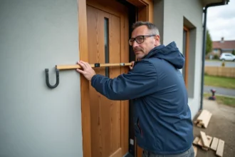 Artisan posant une porte d'entrée en chêne massif sur la façade d'une maison individuelle avec niveau à bulle