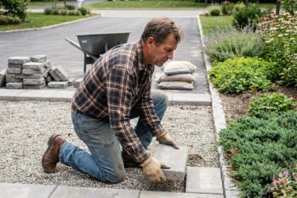 Homme en vêtements de travail posant un pavé sur une allée