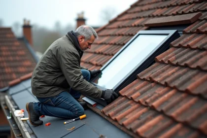 Ouvrier posant une fenêtre Velux sur un toit en tuiles