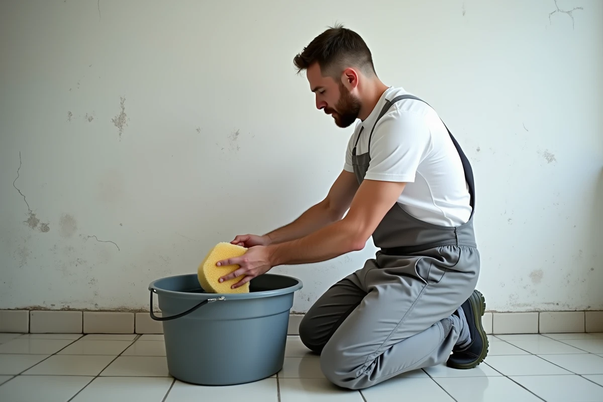 Homme préparant un seau d'eau savonneuse pour lessiver un mur sale avant application de peinture