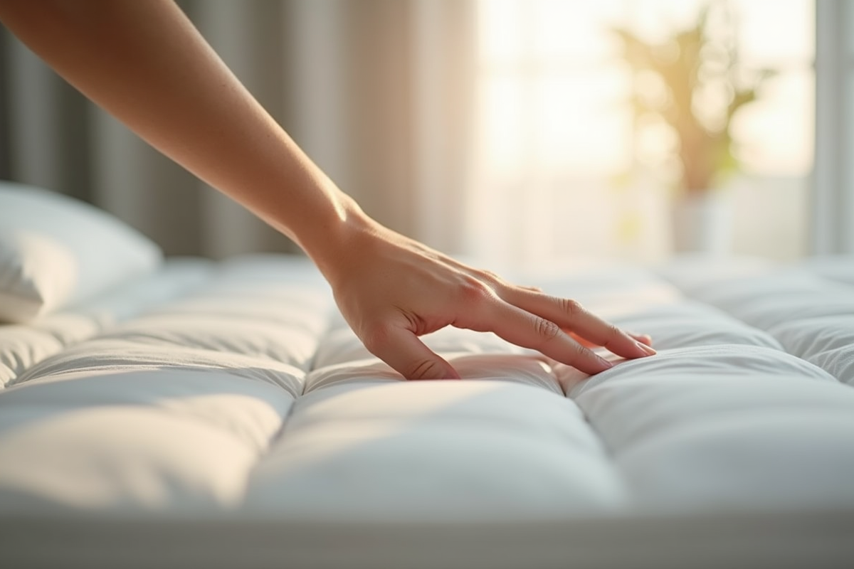 Main appuyant sur un matelas moderne en lumière naturelle