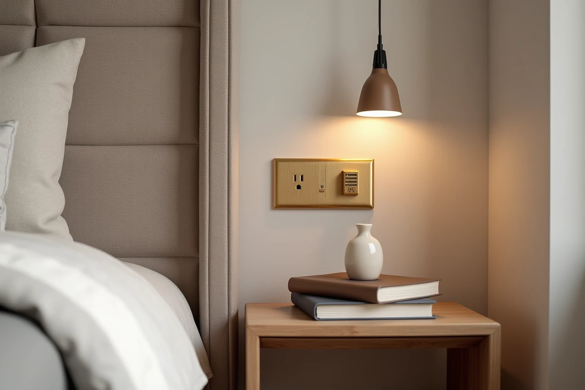 Prise murale dorée intégrée dans un panneau tête de lit en tissu pour une chambre design cohérente