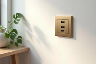 Prise murale design en laiton brossé avec ports USB-C intégrés dans un intérieur minimaliste blanc