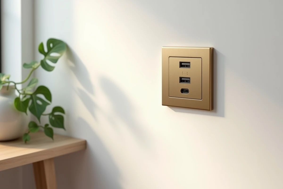 Prise murale design en laiton brossé avec ports USB-C intégrés dans un intérieur minimaliste blanc