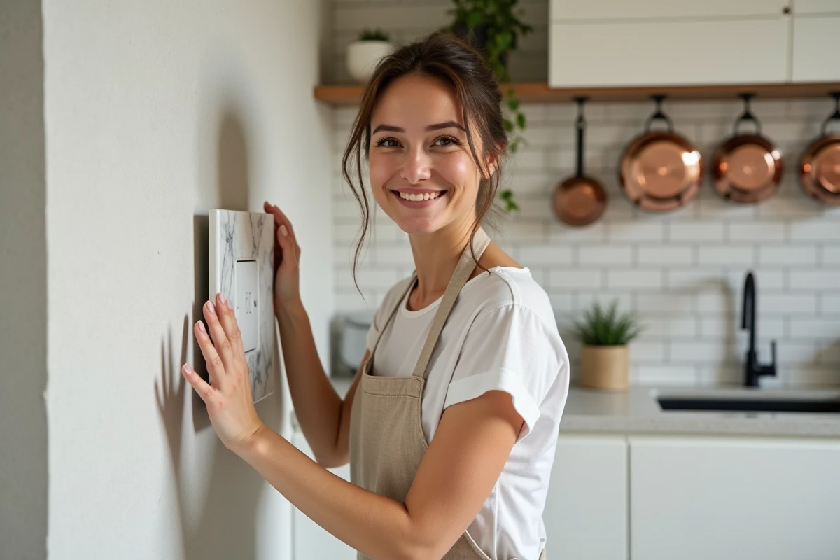 Femme installant une prise murale à plaque en marbre dans une cuisine haut de gamme