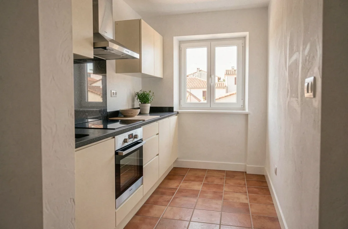 Cuisine rénovée par Probatazur à Nice avec carrelage terracotta, meubles crème et plan de travail en granit noir