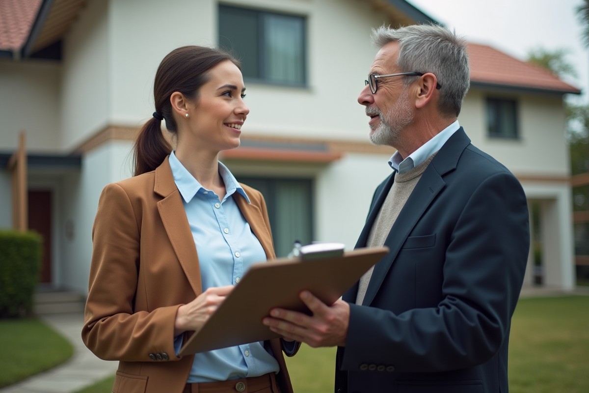 Jeune femme professionnelle discute avec un homme devant une maison en rénovation