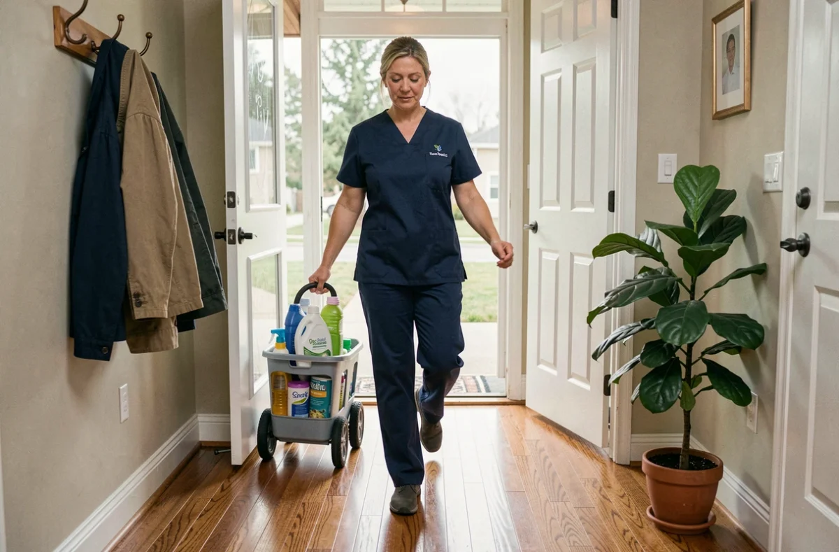 Professionnelle du ménage en uniforme arrivant au domicile d'un client avec ses produits de nettoyage écologiques