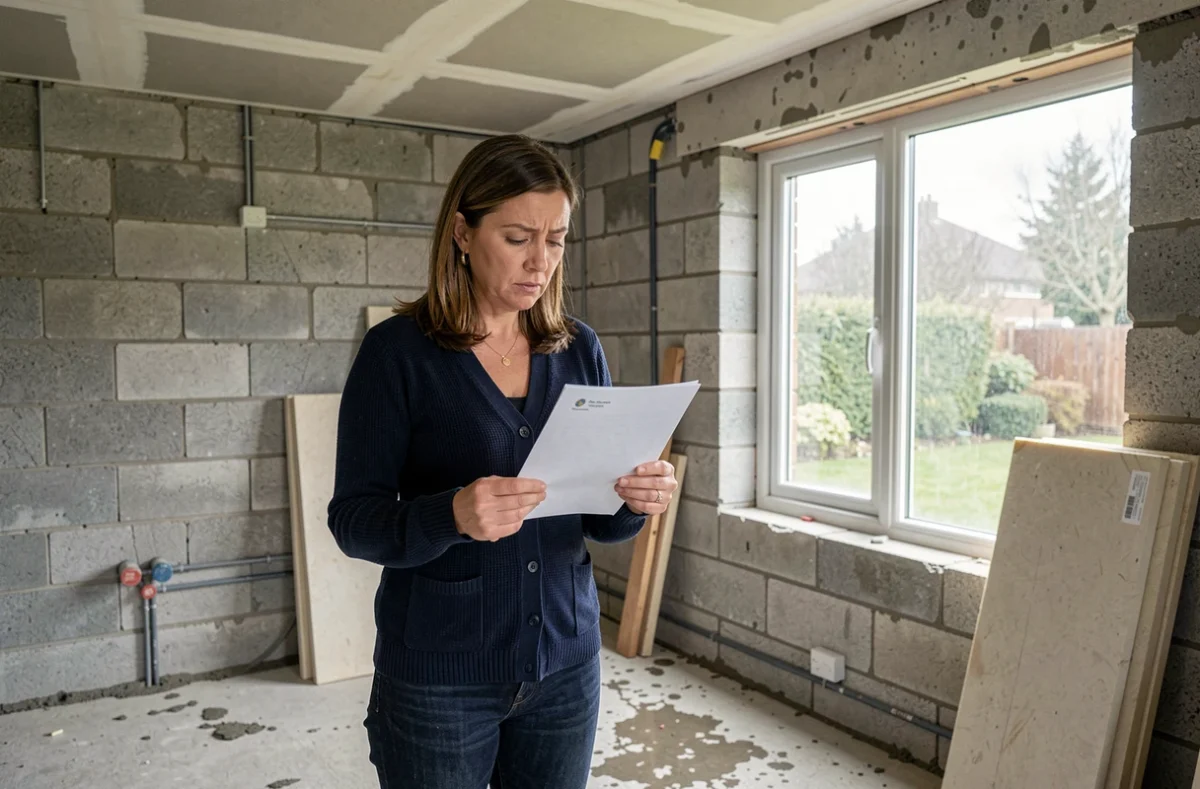 Propriétaire lisant un courrier administratif dans une extension de maison non conforme en cours de construction