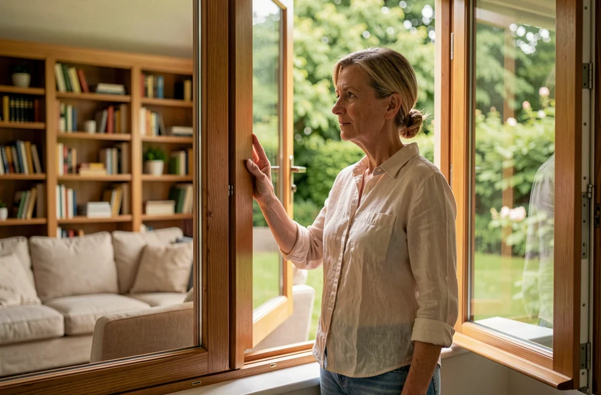 Propriétaire inspectant la qualité d'une fenêtre en bois à la française nouvellement posée dans son salon