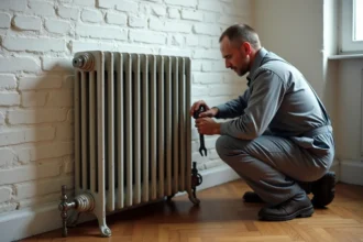 Technicien inspectant un radiateur en fonte d'occasion dans un appartement haussmannien avec parquet en bois