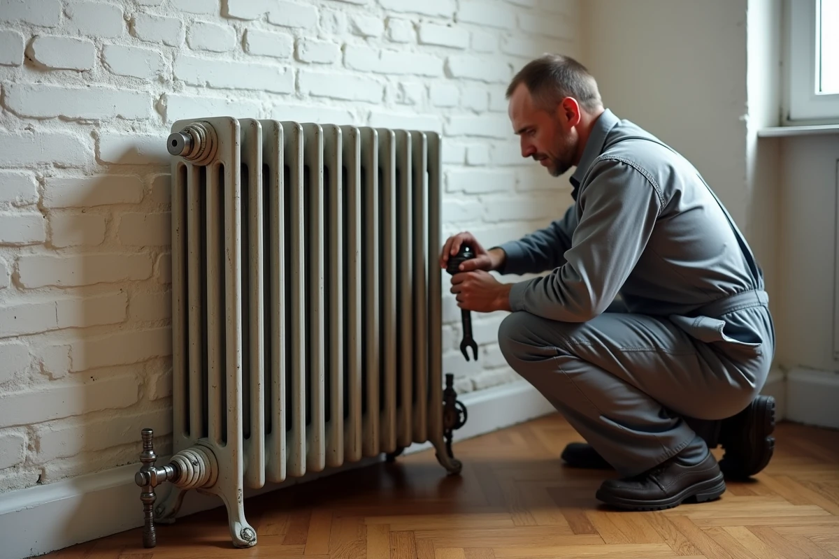 Technicien inspectant un radiateur en fonte d'occasion dans un appartement haussmannien avec parquet en bois