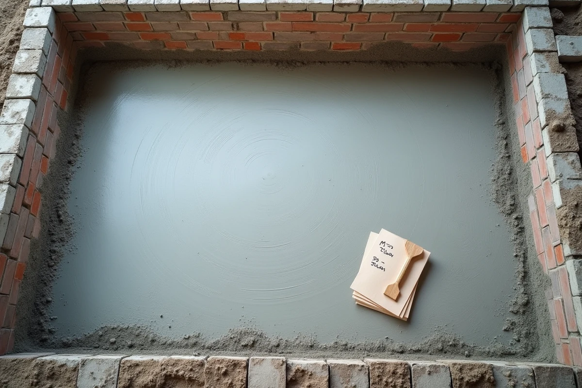 Vue aérienne d'un radier en béton fraîchement coulé avec feuille de calcul de volume en m3 sur chantier