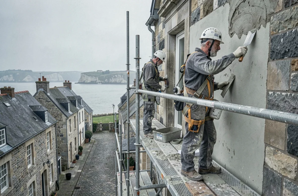 Ouvriers réalisant un ravalement de façade sur un bâtiment normand en Seine-Maritime avec contraintes architecturales locales