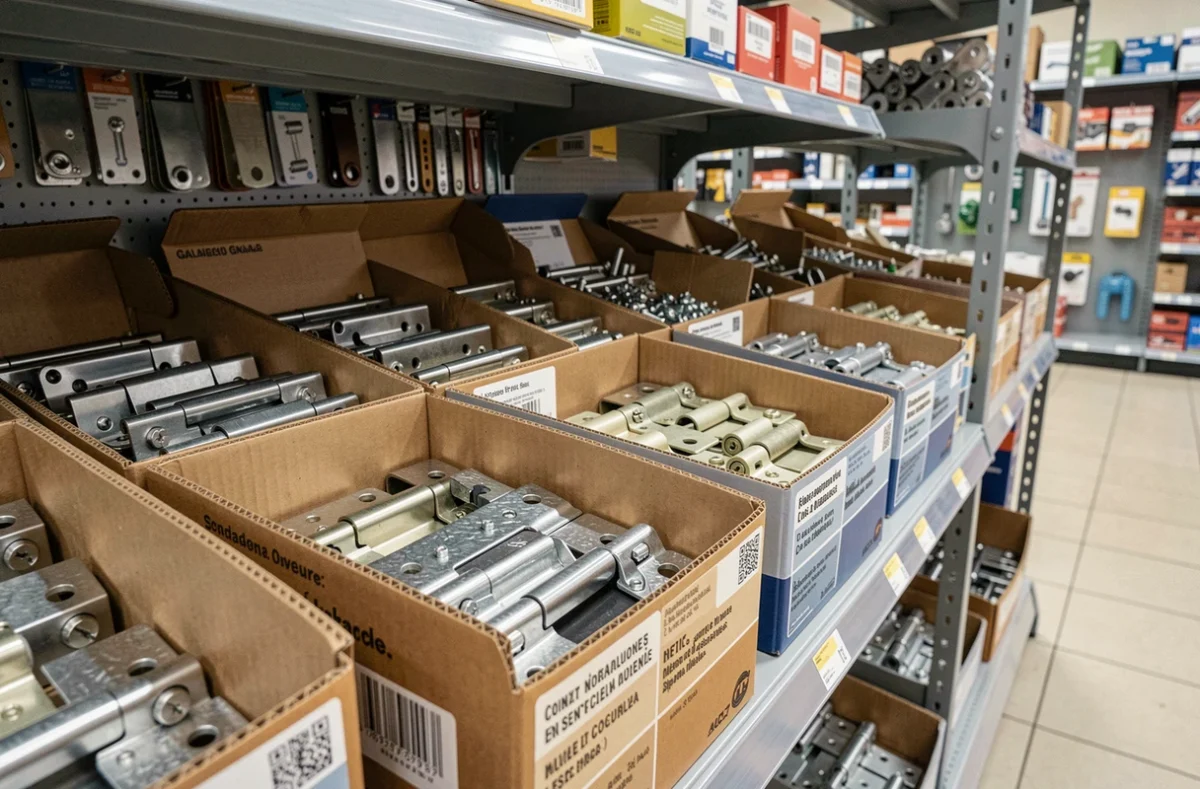 Rayon de quincaillerie présentant des gonds de porte en acier galvanisé, inox et acier peint avec étiquettes techniques