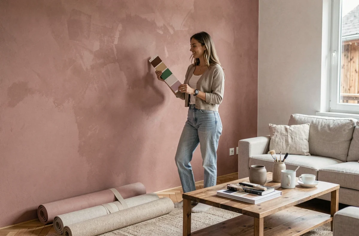 Styliste d'intérieur de Relookea en pleine transformation d'un appartement avec échantillons de couleurs