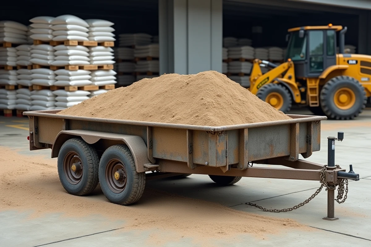 Remorque chargée de sable humide avec pneus comprimés dans un dépôt de matériaux de construction