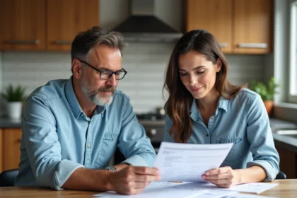 Couple de middleaged discutant estimations de renovation maison