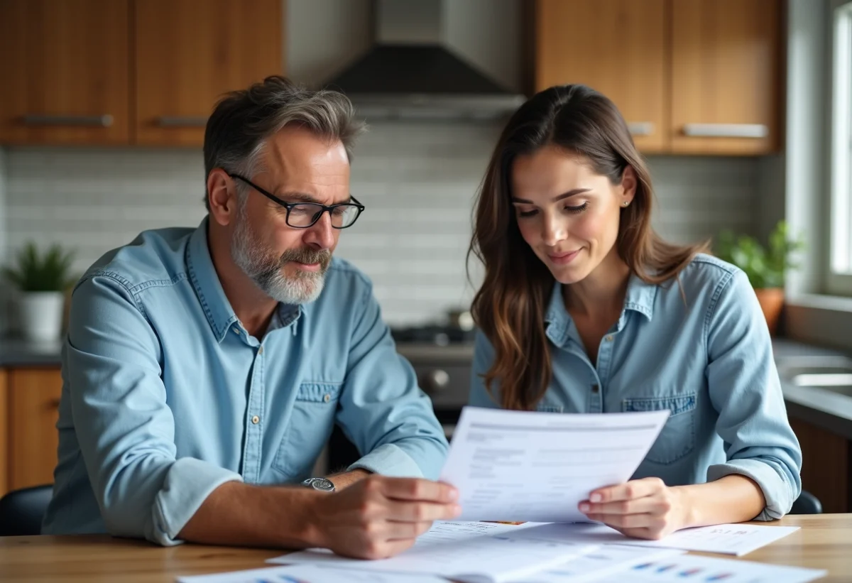 Couple de middleaged discutant estimations de renovation maison