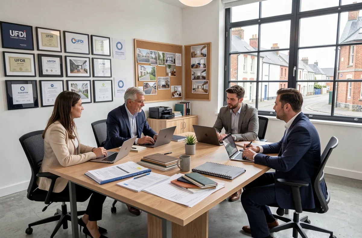 Réunion de décorateurs membres du réseau UFDI Bretagne autour d'une table de conférence avec dossiers de projets et certifications au mur