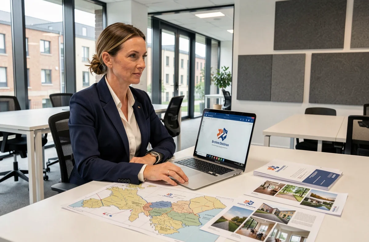 Consultante d'un réseau national de décoration en visioconférence depuis une antenne régionale en Bretagne avec cartes de territoire et branding national