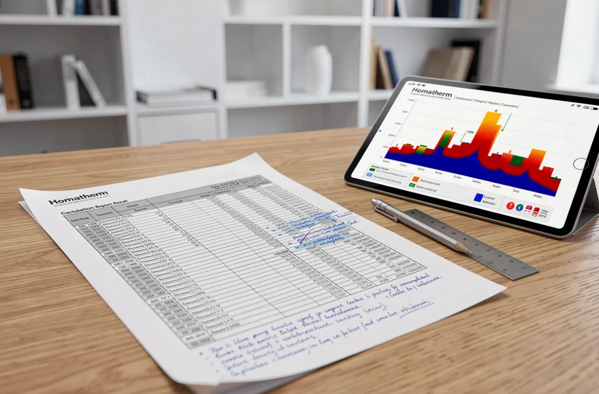 Feuilles de résultats de calcul d'isolation fibre bois Homatherm annotées posées sur un bureau avec règle et tablette affichant des données thermiques